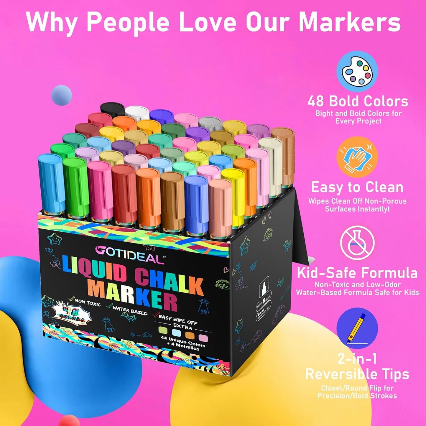 GOTIDEAL Liquid Chalk Markers Erasable,Window Chalk Markers for blackboard Washable,Non-toxic Chalk Pens for Calendar,Chalkboard,Glass,Cars with Reversible Tips(48 Colors,6mm)