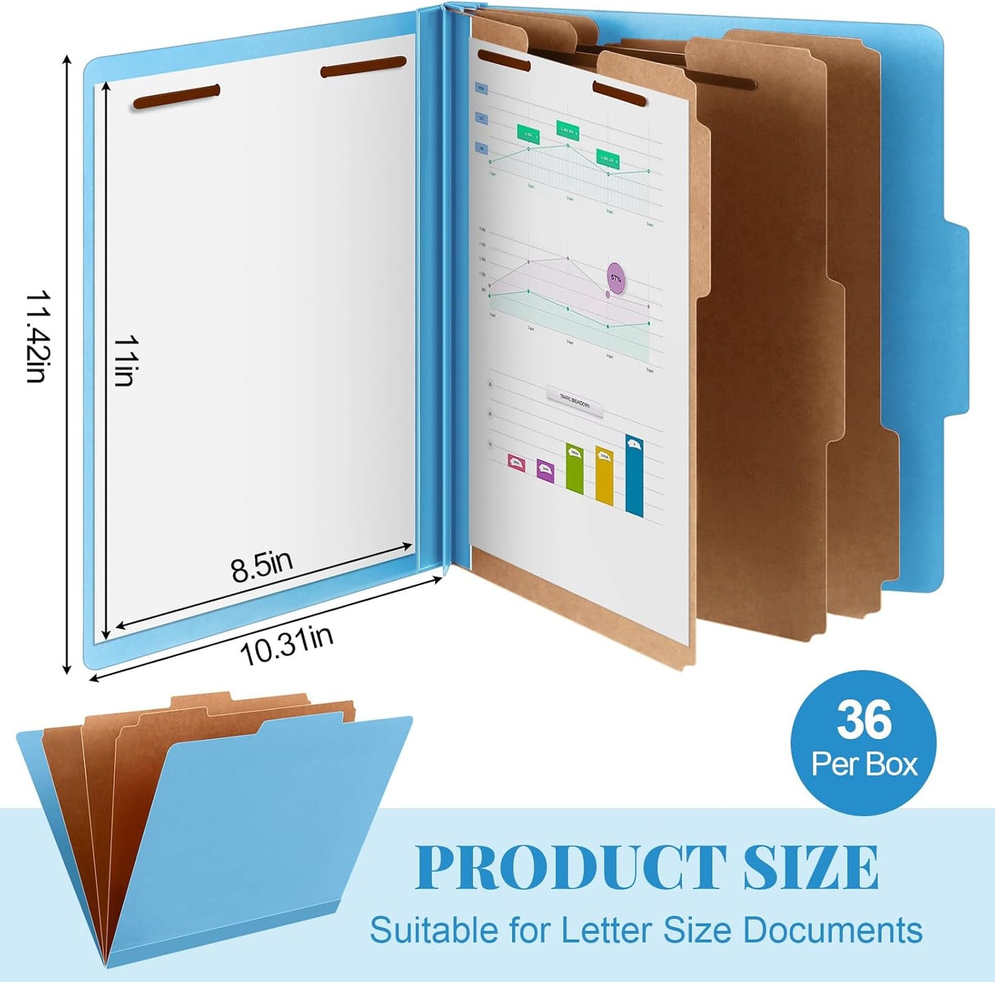 36 Pcs Classification Folders Letter Size, 3 Divider Pressboard File Folder with Fasteners, Expanding File Organizer Bulk for Teachers, Clergy, Office, Church, Christmas Donations (Blue)