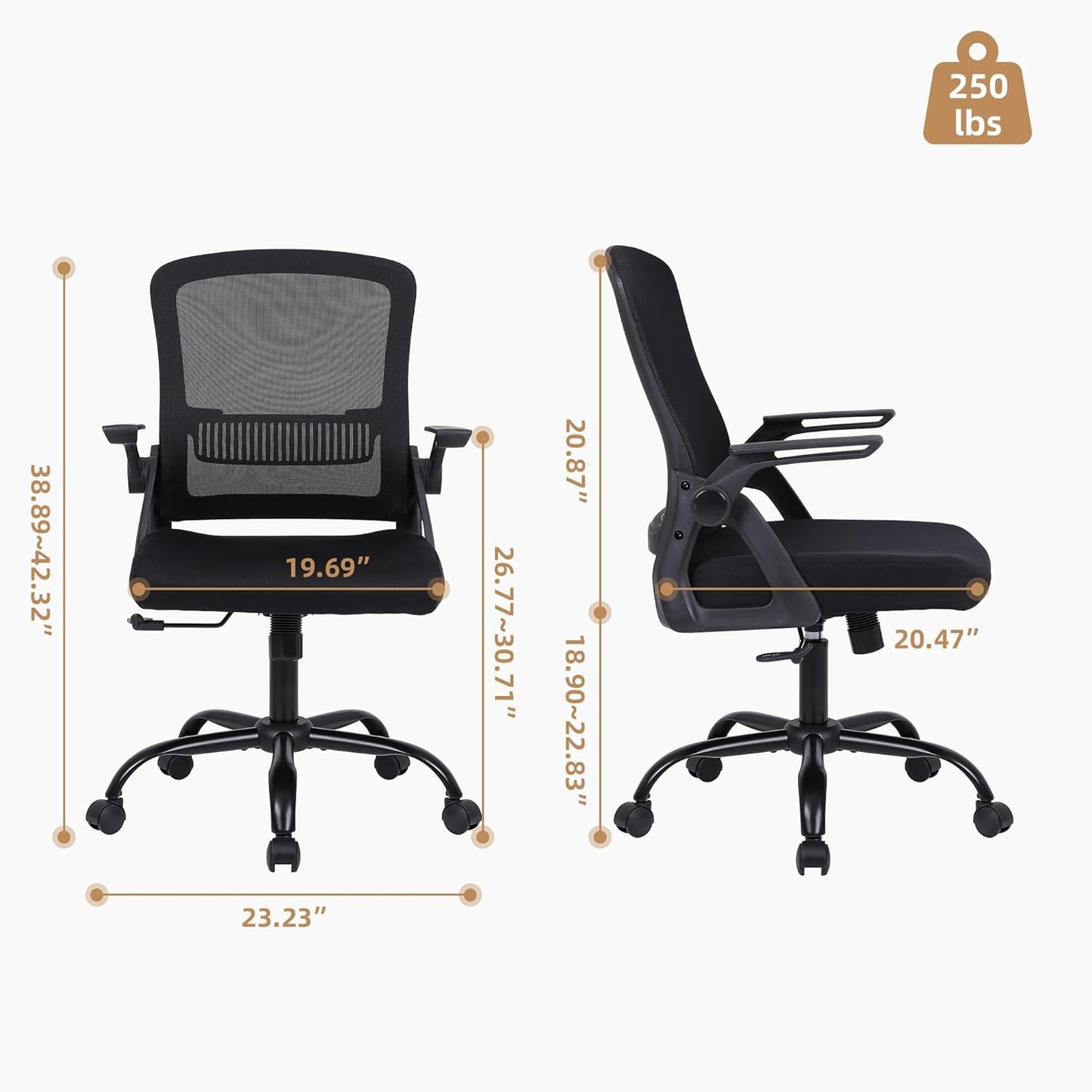 Modern Ergonomic Office Chair, Black, Mesh Back, Flip-up Armrests, Adjustable Height, 300 lbs Capacity