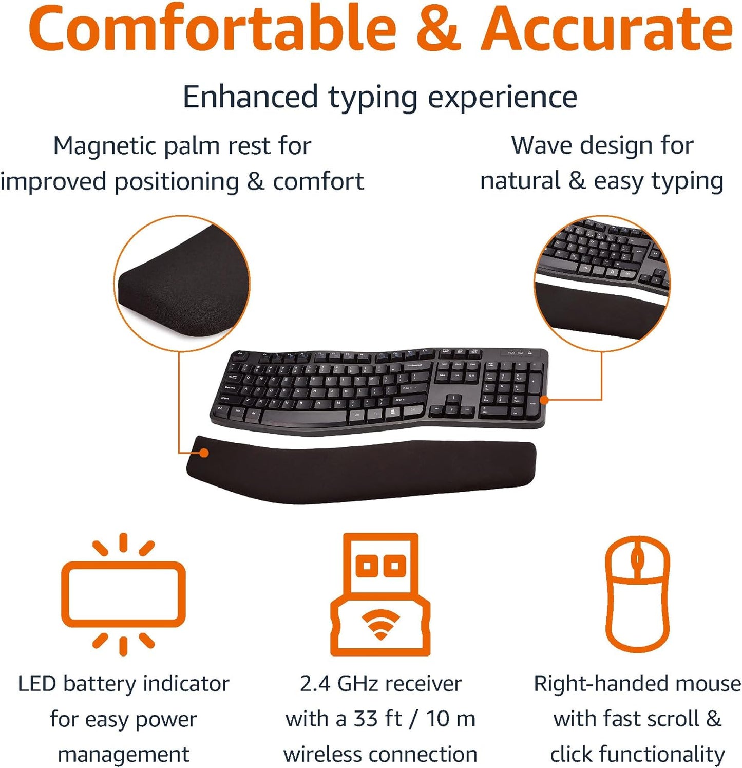 Amazon Basics Ergonomic Wireless Keyboard and Mouse Combo for Comfortable PC and Laptop Use, 2.4 GHz USB, Black