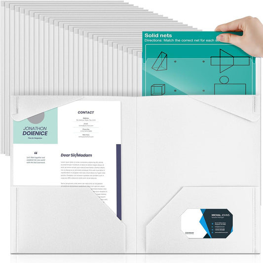 Henoyso 100 Pcs Plastic Folders with Clear Front Pockets Bulk Heavy Duty File Folders with 2 Pockets and Card Slot for Student Teacher Back to School Supplies Office Presentation (White)