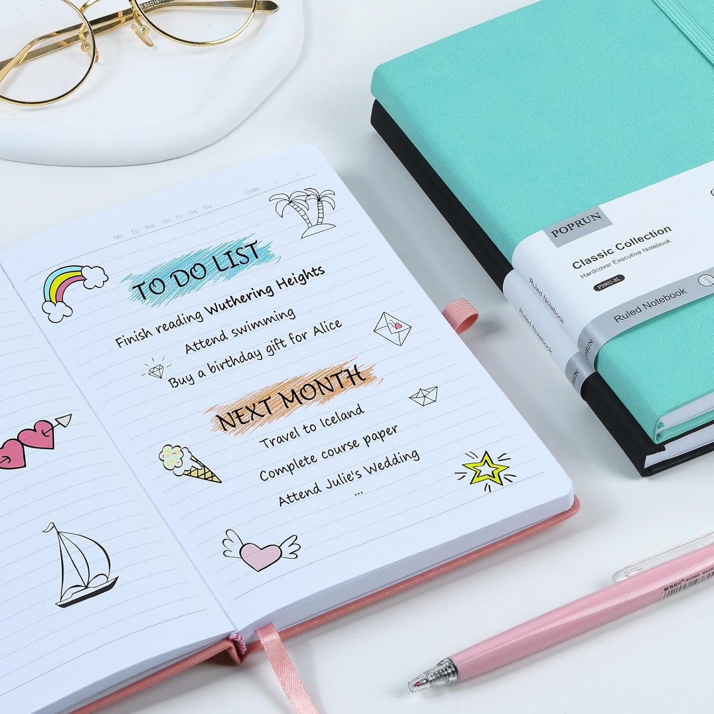 POPRUN A5 Lined Journal Notebooks, Leather Hardcover Thick Notebook for Writing, Business Work, Travel, School, College, Christmas, 5.5 x 8.3 inch, 240 Pages Classic Ruled Journals Notepad, Pink