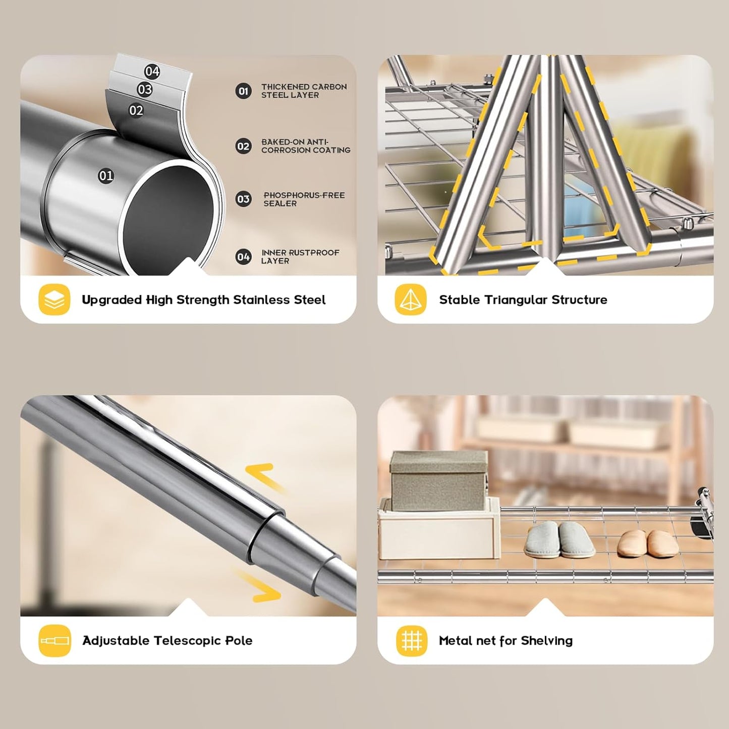 Clothing Garment Rack Capacity 550LBS Rolling Clothes Rack on Wheels - Heavy Duty Collapsible Commercial Storage Organizer - Mobile Clothes Rack with Multifunctional Design (Silver)