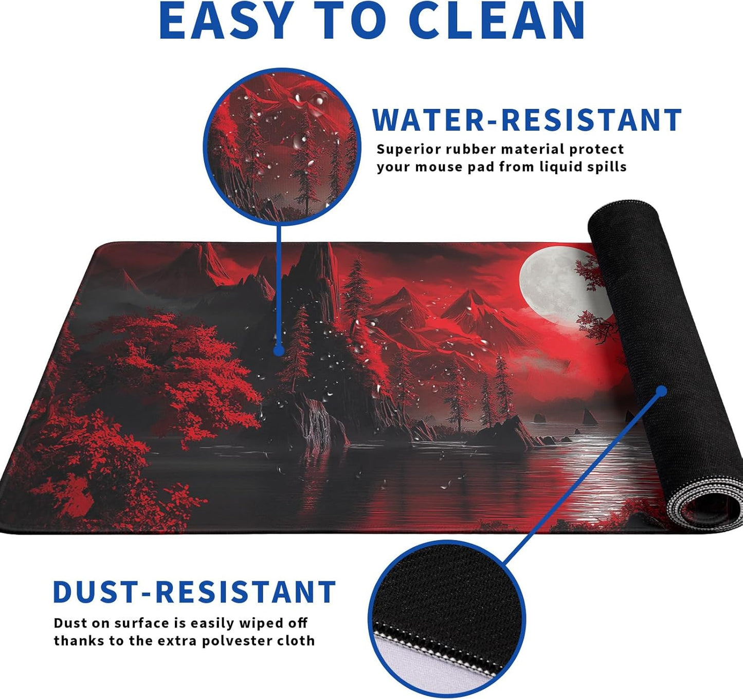 Darkness Red Moon Mouse Pad Abstract Red Mouse Pad 31.5x11.8 Inch Geometric Texture Non-Slip Rubber Base Large Mousepad Stitched Edges Keyboard Mouse Mat Desk Pad for Office and Home