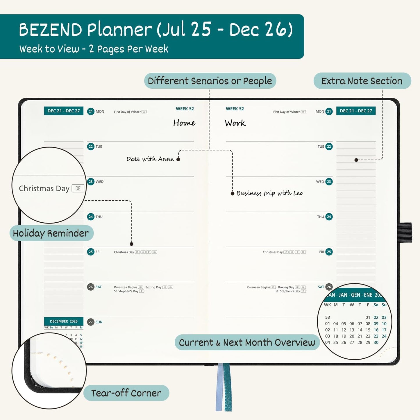 BEZEND Weekly Planner 2025-2026 with 2 Columns, 5.8" x 8.5" Academic Calendar 18 Months (Jul 25-Dec 26) Life Work Appointment Book with Monthly Tab, PU Leather Hardcover - Lilac