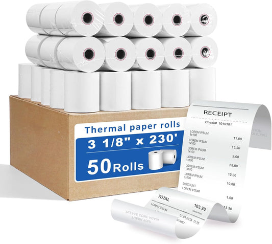 3 1/8 X 230 Thermal Receipt Paper Rolls- Fits All Pos Cash Registers, For Clover POS Cash Register Printers-Premium Quality German Paper- 50 Rolls