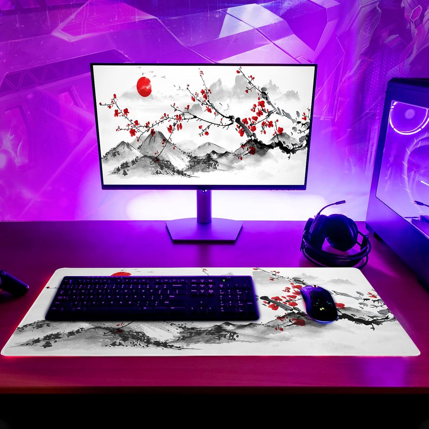 Japanese Cherry Blossom Gaming Mouse Pad 27.6x11.8 Inch Pink Full Desk Sakura Large Non-Slip Rubber Base Waterproof Big Keyboard Mat With Stitched Edges for Office