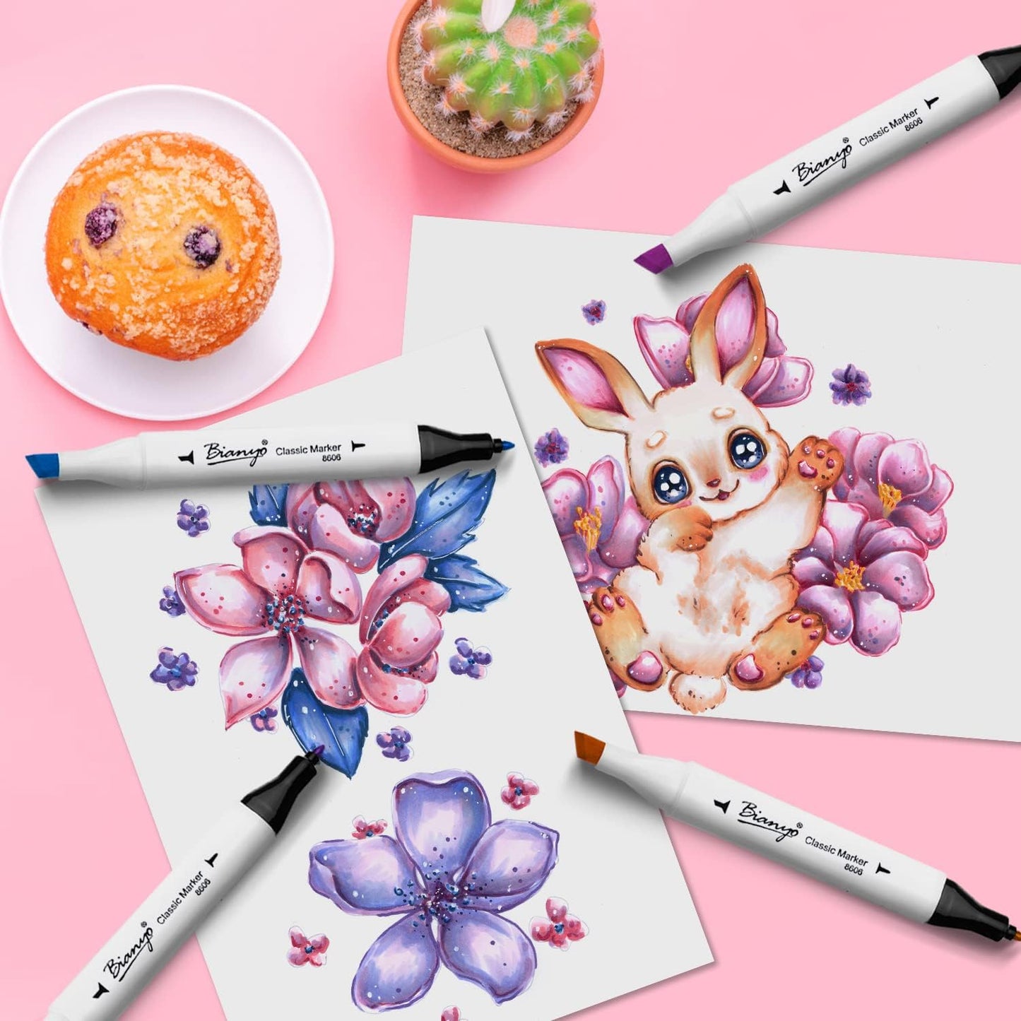 Bianyo 36 Pastel Colors Alcohol Markers Set, Alcohol-Based Dual Tip Art Markers Set with Black Travel Case with a Designable Card for Coloring, Sketching, Drawing, Outlining, Highlighting