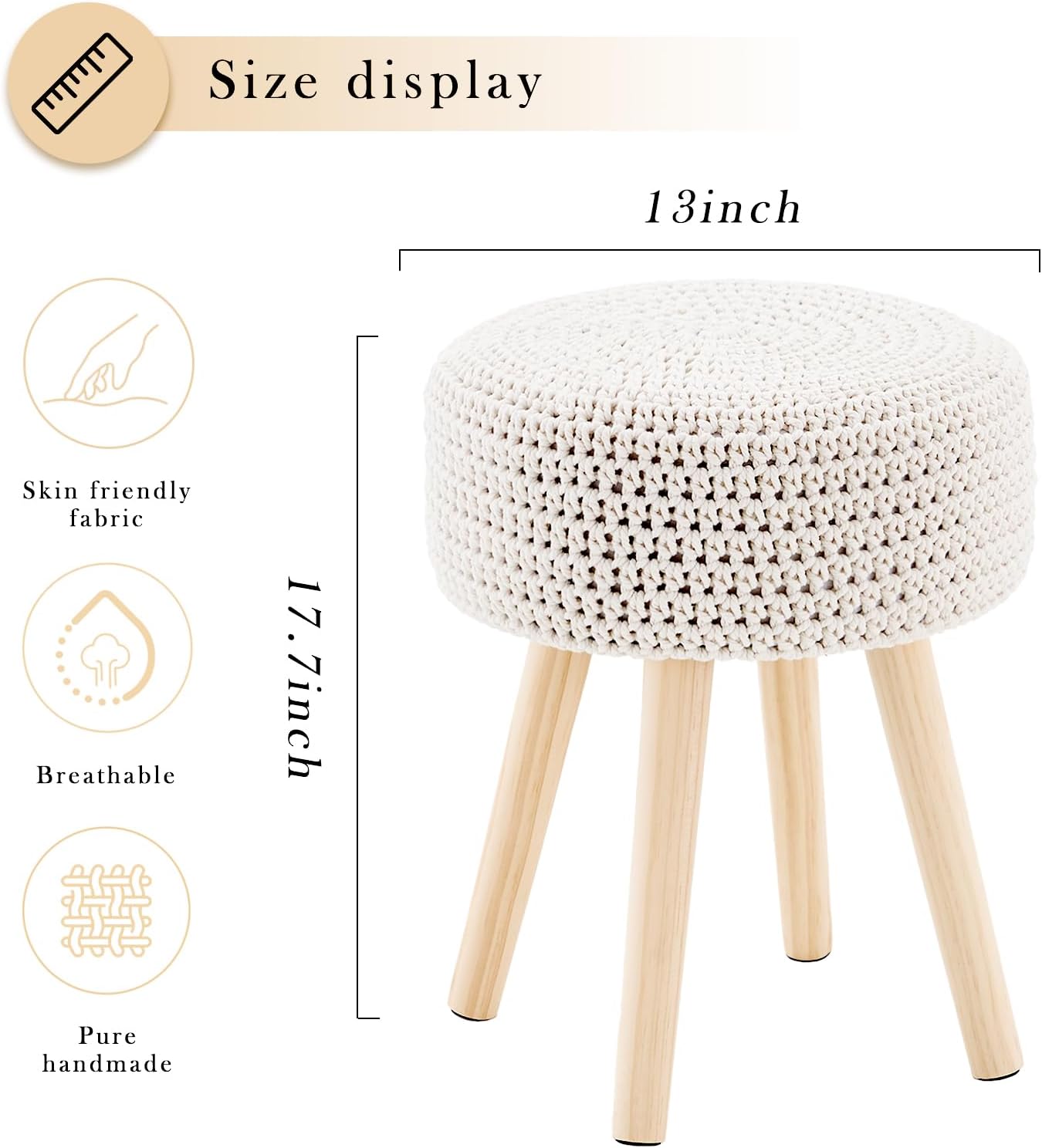 Cotton Knitted Ottoman Round Footstool Vanity Stool Modern Stool Ottoman Footrest Stool with Non-Skid Wood Legs for Living Room Bedroom White
