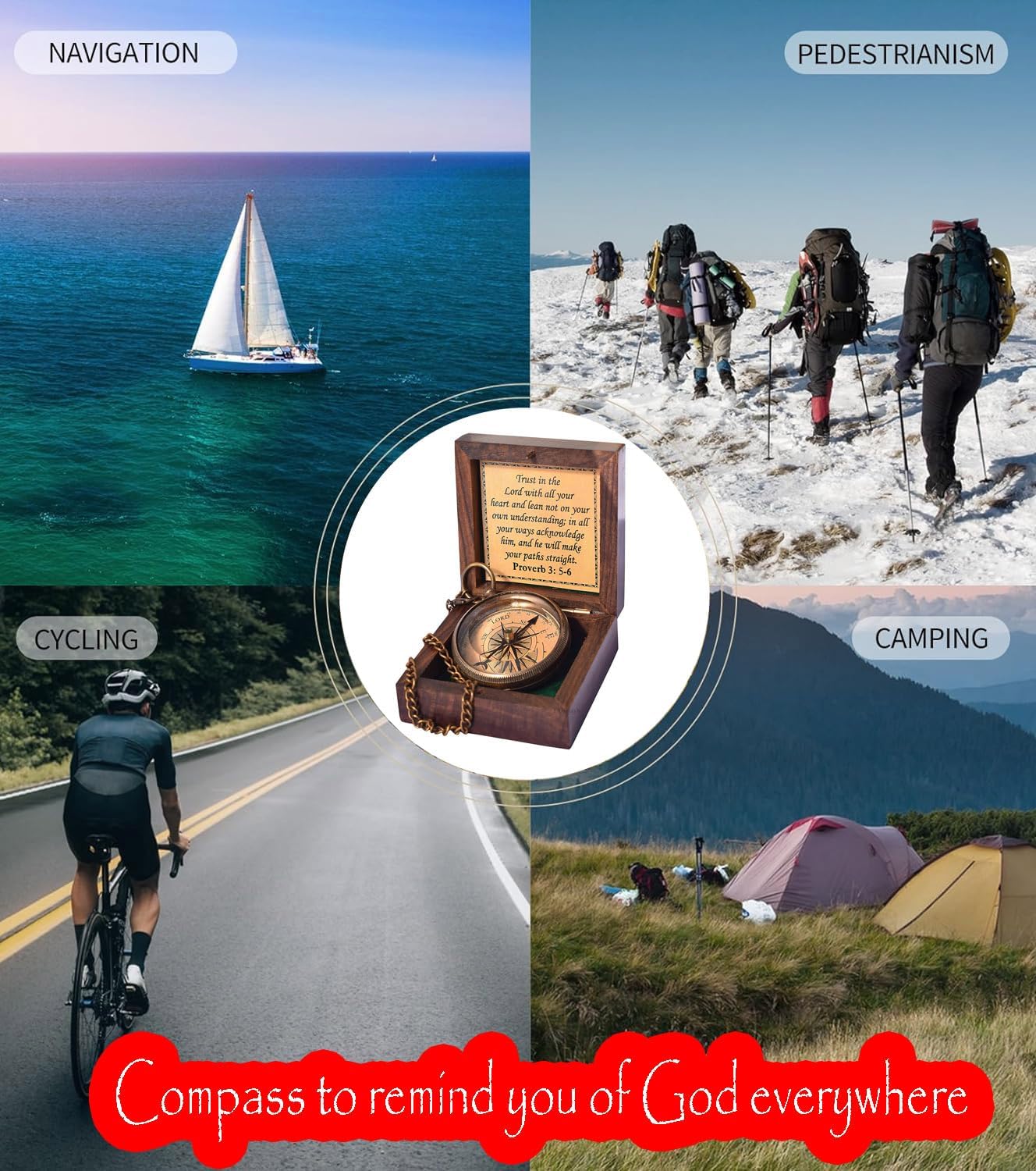 Trust in The Lord With All Your Heart - Proverbs 3:5-6 Quote Engraved Compass With Wooden Box, Greeting Card, Gift Compass, Graduation Day Gifts 2024 for Women Men Boys Girls