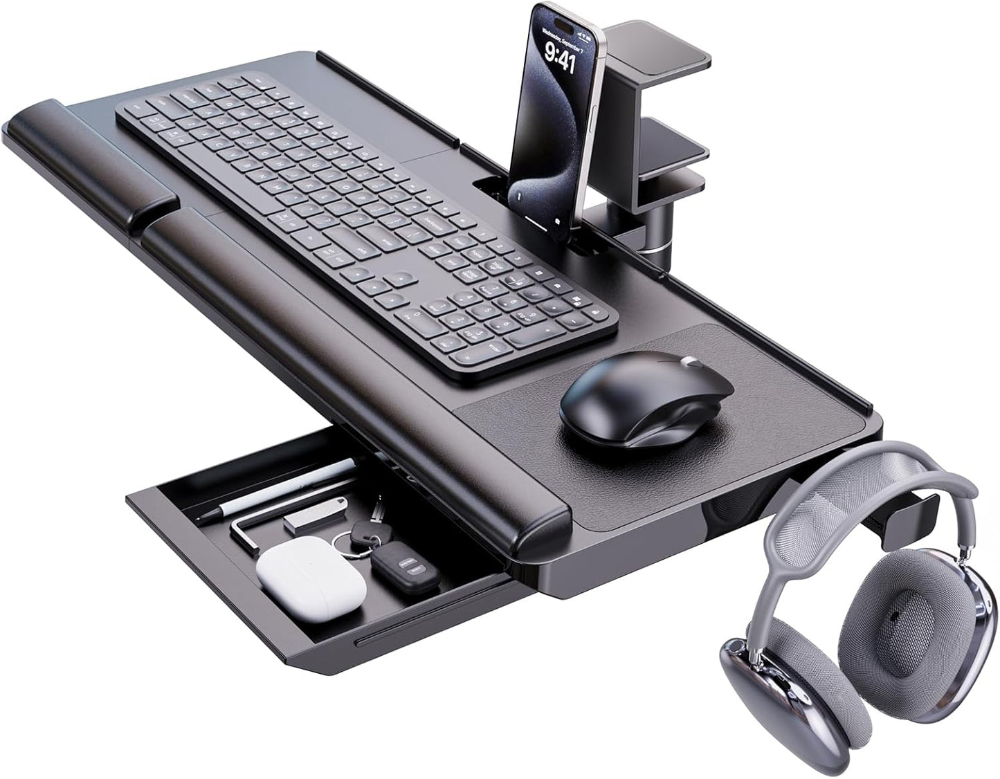 Klearlook Keyboard Tray Under Desk with 360° Rotation, Ergonomic Computer Keyboard & Mouse Tray 25"W×11.02"D Sit Stand Desk Keyboard Holder w/Wrist Rest & Storage Drawer (Height is not Adjustable)