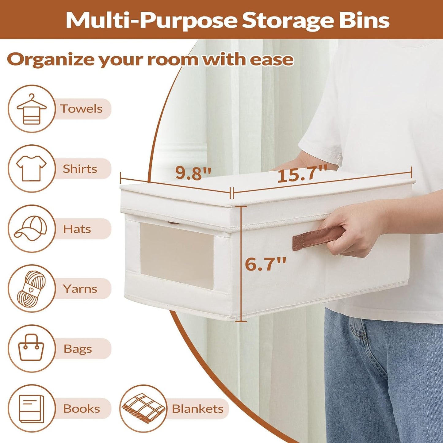 Fabric Storage Bins with Lids, Collapsible Closet Organizer with Sturdy Handles, Clear View Window, Stackable Storage Baskets for Clothes, Towels, Books, Hand Pull Closet Organizer Boxes-4-Pack, Beige