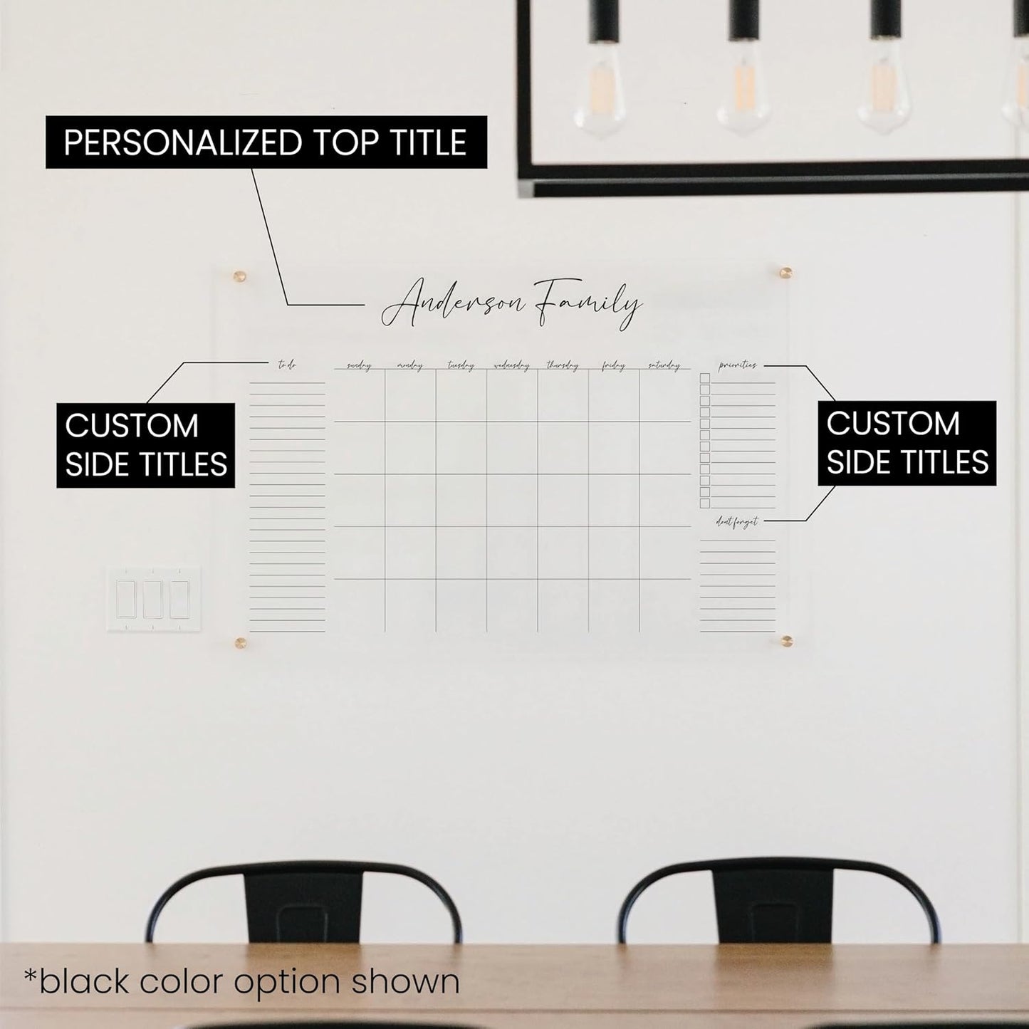 Personalized Clear Acrylic Calendar for Wall, Calendar Whiteboard for Wall, Dry Erase Wall Calendar, Wall Calendar Organizer System for Home (Cursive, Black, 23"W x18.5"H)