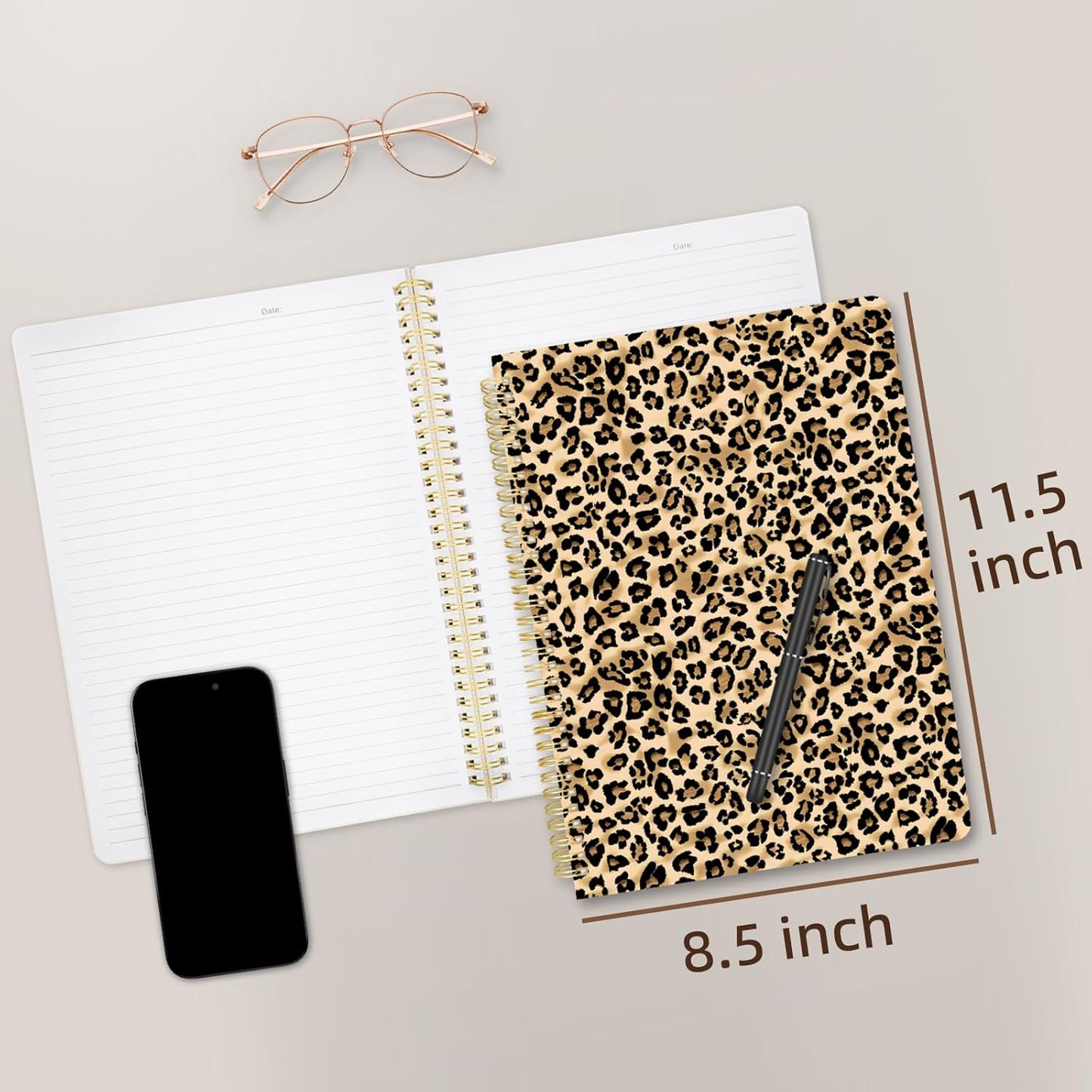Cute Spiral Notebook journal A4 Aesthetic Pretty Design for Women Girls Kawaii with Pocket, 8.5 x 11 inch, Lined, Leopard