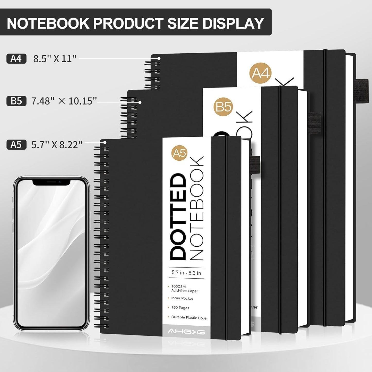 AHGXG Bullet Dotted Journal - Dot Grid Spiral Notebook 8.5" x 11", A4 Large Dotted Notebook, 100 GSM Thick Paper, Waterproof Plastic Cover Journals for Bullet Journaling, Sketching, Black