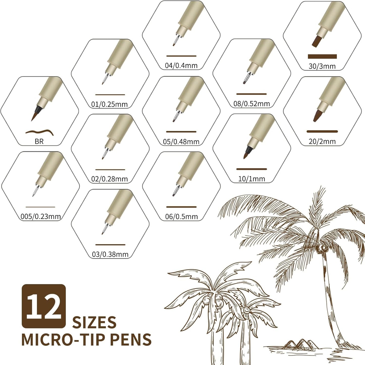 Brown Micro Pens, 12 Sizes in 0.23mm - 5mm, Waterproof Archival Ink, Fine Point Pen for Artist Illustration, Sketching, Anime, Manga and Technical Drawing