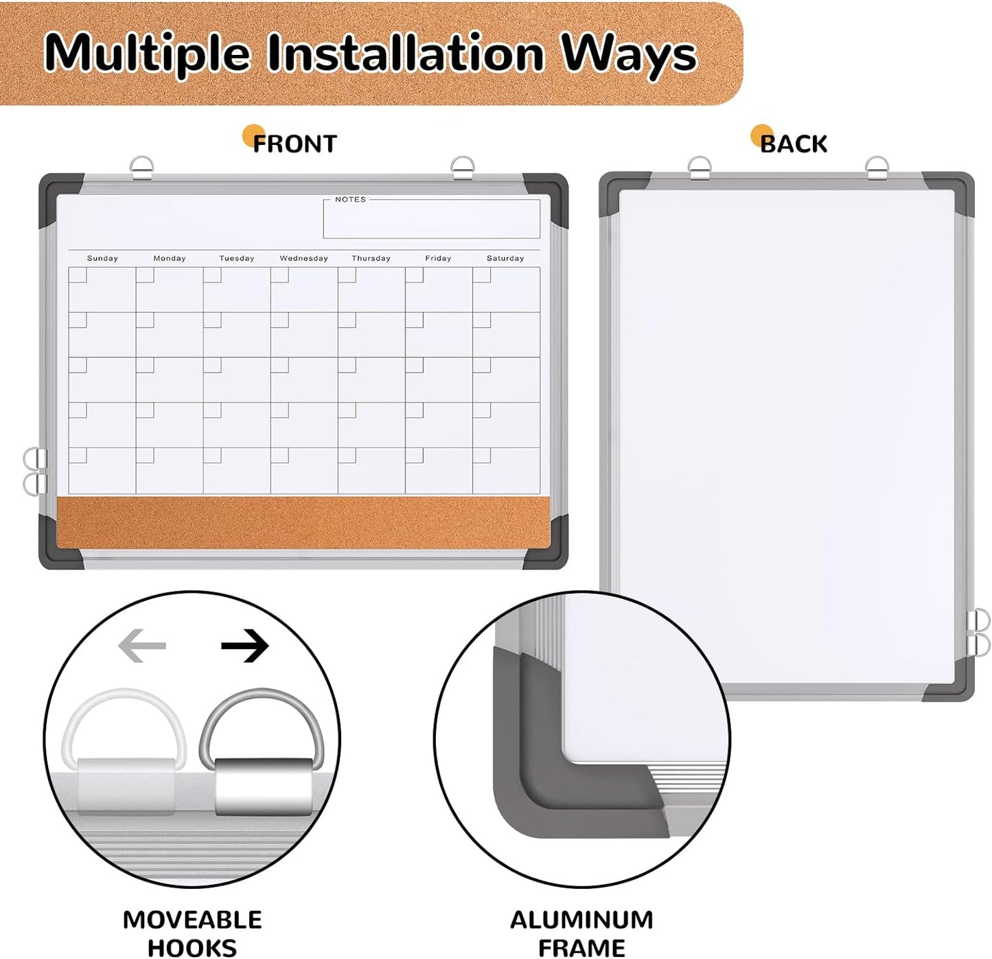 Monthly Calendar Whiteboard Dry Erase Cork Board Combination for Wall, 17"x13" Magnetic Dry Erase Board, Double-Sided White Board, Portable Board for Office, Kitchen, Planning, Memo, School, Home