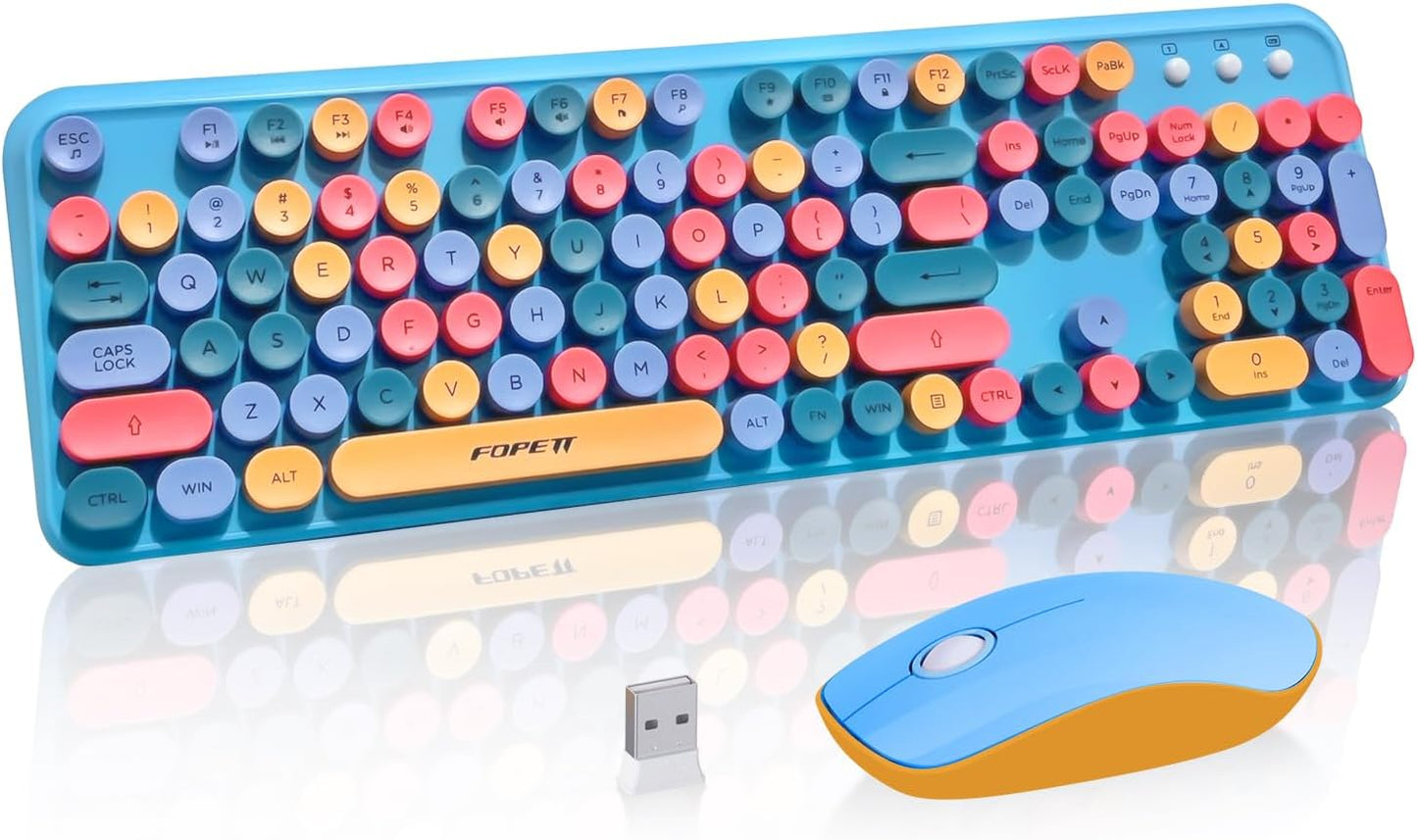 Keyboard and Mouse Wireless,Cute Retro Wireless Keyboard Mouse Combo with Round Key,2.4Ghz Dropout-Free Connection,Typewriter Wireless Keyboard Mouse Set for PC Laptop Desktop Computer-Blue Colorful