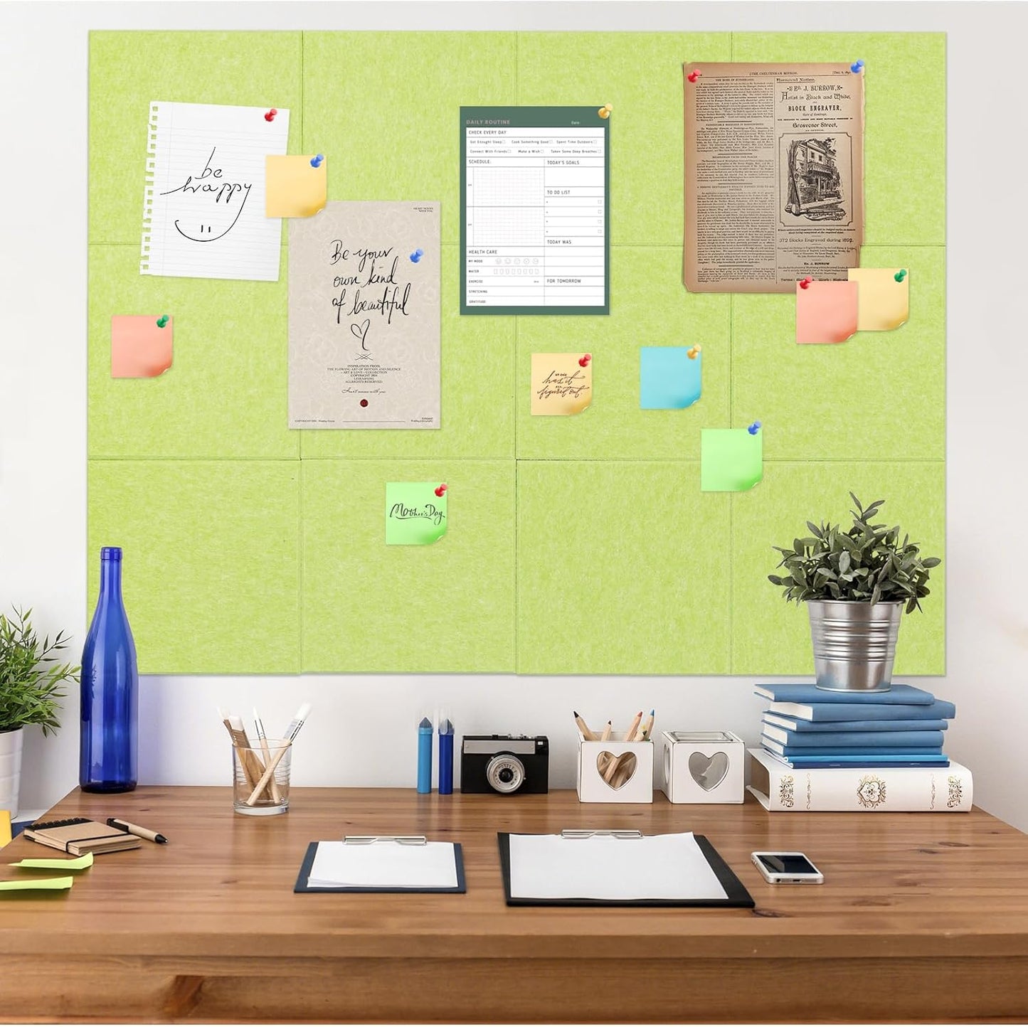 Large Cork Board Alternative, 12 Pack Felt Board with Safe Removable Adhesive Tabs Felt Wall Tiles, Large Cork Boards for Walls, Cork Board for Home Office, Pin Boards for Walls, Green