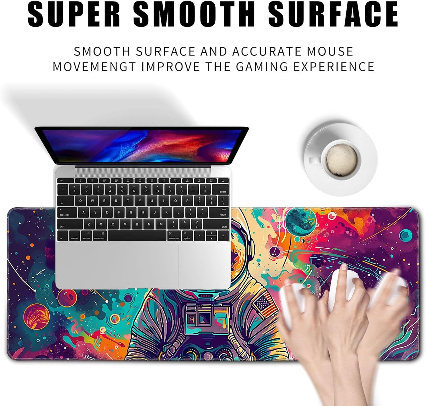 Desk Mat Colorful Space Desk Accessories Astronaut Extended Gaming Mouse Desk Pad Decorations for Office Keyboard Mousepad Mat31.5x11.8in, Stitched Edge Non-Slip Bottom Large Mouse Pad