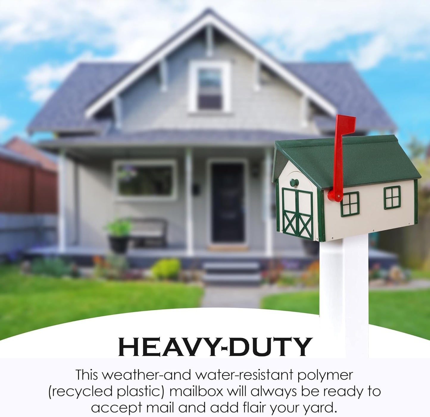 Peaceful Classics Poly Mailbox Durable, Weather-Resistant Amish Craftsman Mailboxes for Outside Uses Like Front Yard and Road Side Long-Lasting, Decorative, Modern Mailbox (Beige w/Green Trim & Roof)