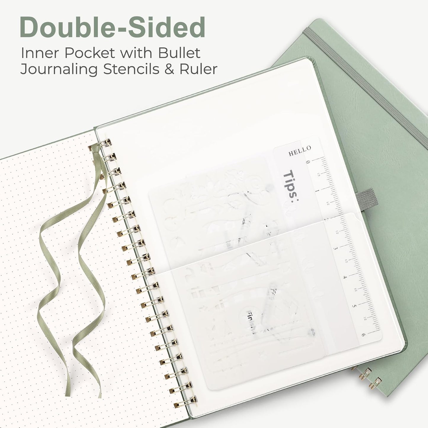 RETTACY Bullet Dotted Journal Notebook, 110 Pages, A4 Large Size (8.5" × 11"), Leather Hardcover, 100 GSM Thick Paper, Spiral-bound, for Bullet Journaling, Planning, Tracking (Light Green)