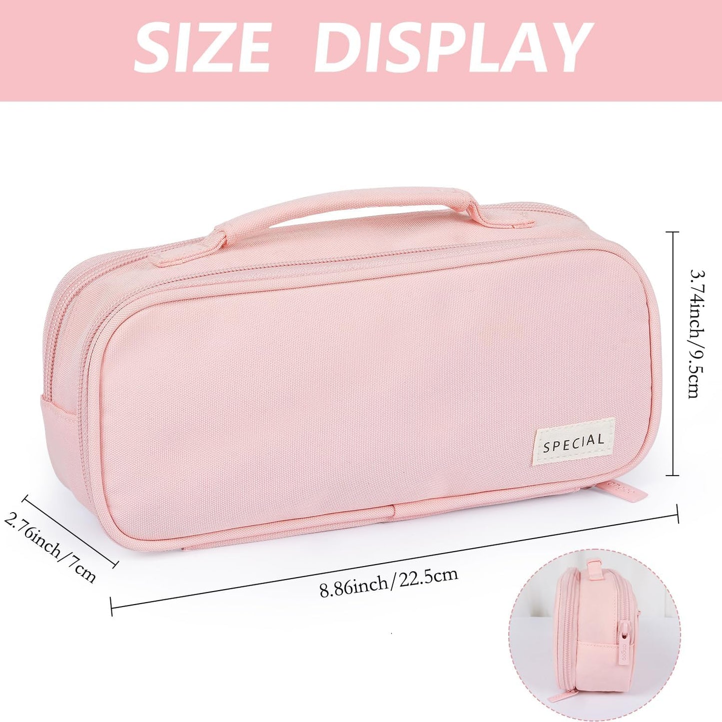 MAMUNU Pencil Case Large Capacity with 3 Compartments, Pencil Case Pouch Bag with Zipper Handle Portable Pen Stationery Organizer for Teen Girls Adults College School Office Travel, Pink