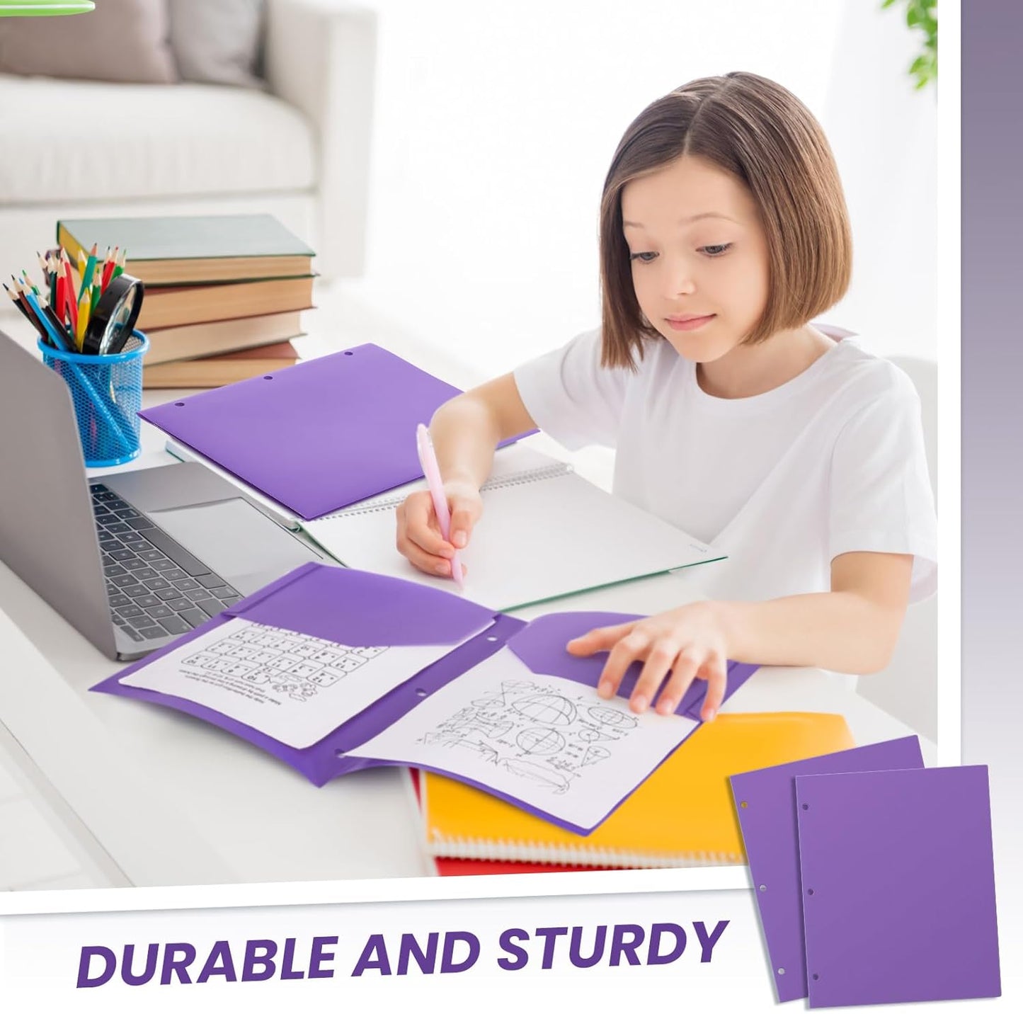 Yeaqee 100 Pcs Plastic Folders with Pockets Bulk 3 Hole Punched 2 Pocket File Folders for 3 Ring Binder Divider Folder for Notebooks, Durable Poly for Office Home (Purple)