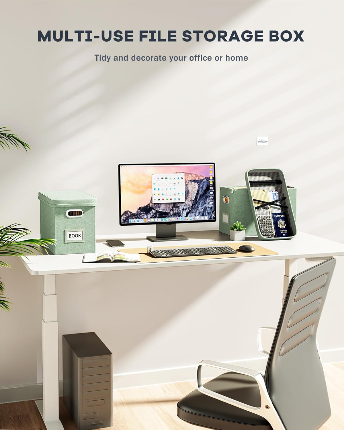 Oterri Hanging Filing File Box with Mesh Pocket, File Organizer Box with Lid, Collapsible Document Organizer Box for Letter Size, Easy Slide Durable Storage Box for Office/Decor/Home (2 PCS, Green)