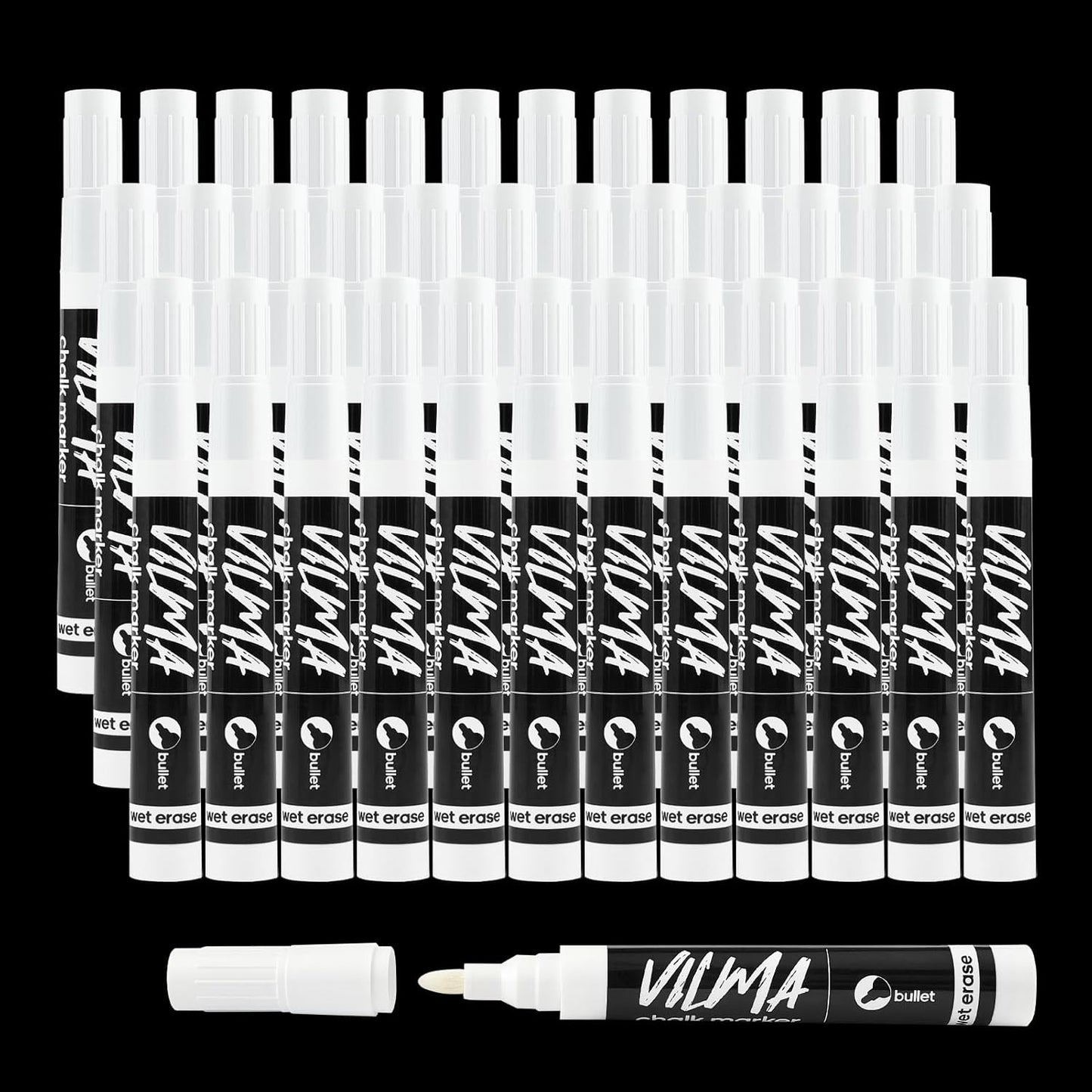 VILMA White Liquid Chalk Markers 36 Pack Chalk Pens for Blackboard, Chalkboard, Windows, Glass, LED Board, Bistro Signs – Erasable Water-Based Ink Ideal for Teachers, Artists & DIY Projects