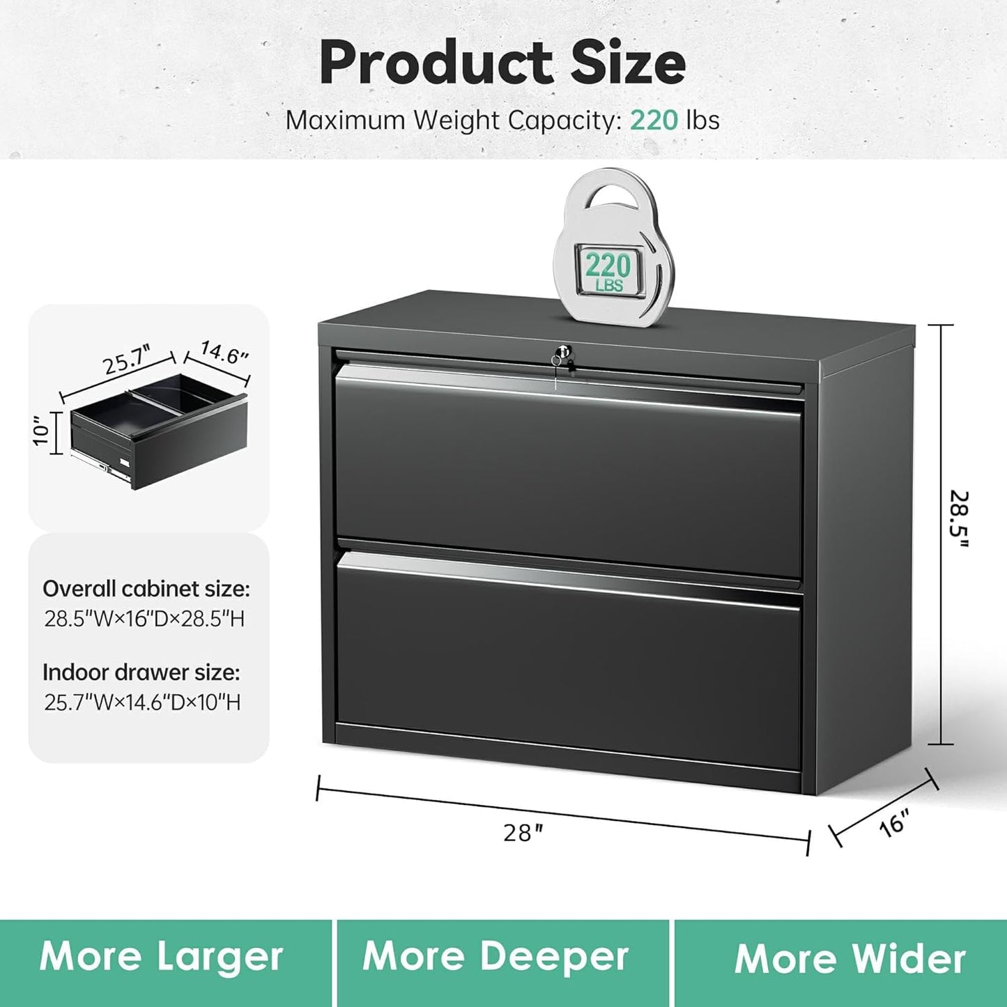 Superday Lateral File Cabinet 2 Drawer Metal File Cabinet with Lock, Black Filing Cabinets for Home Office, Locking Filing Cabinets Hanging Files Letter/Legal/F4/A4