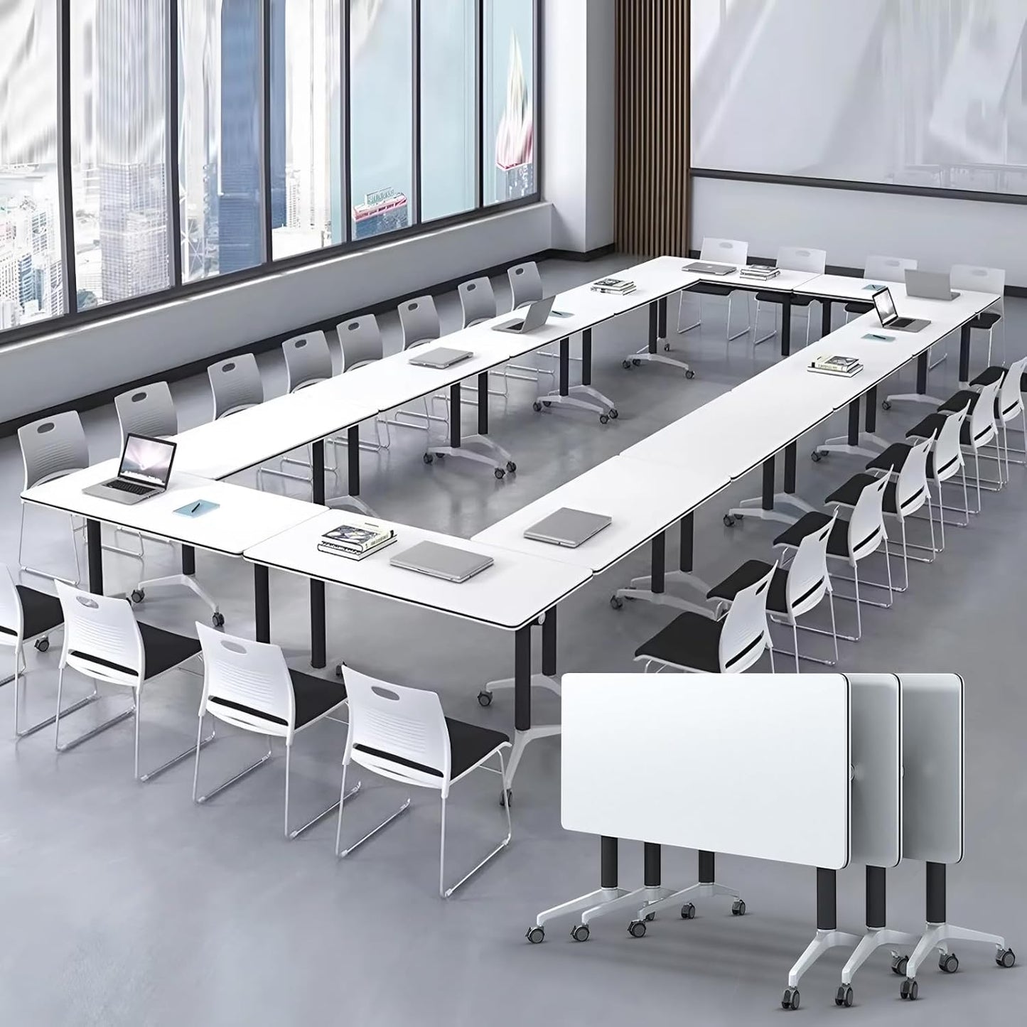 Conference Room Table with Flip-Top Design for Dynamic Meetings, Business Table Computer Desk with Heavy-Duty Frame,Foldable Seminar Meeting Tables for Home Office (2, E, 70.8IN)