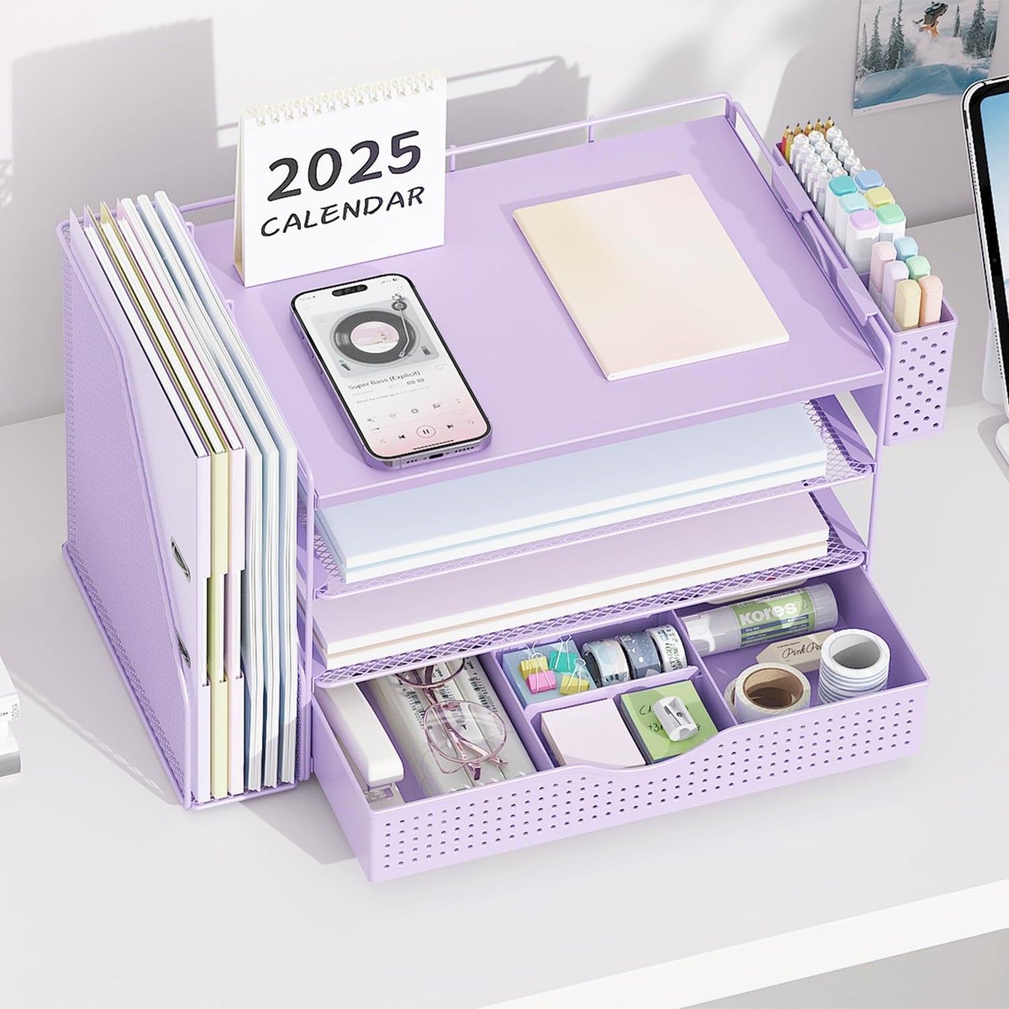 Wood Desk Organizers and Accessories with File Holder, 4-Tier Desk Accessories & Workspace Organizers with Drawer and Pen Holder, Paper Organizer for Office Supplies (Purple)