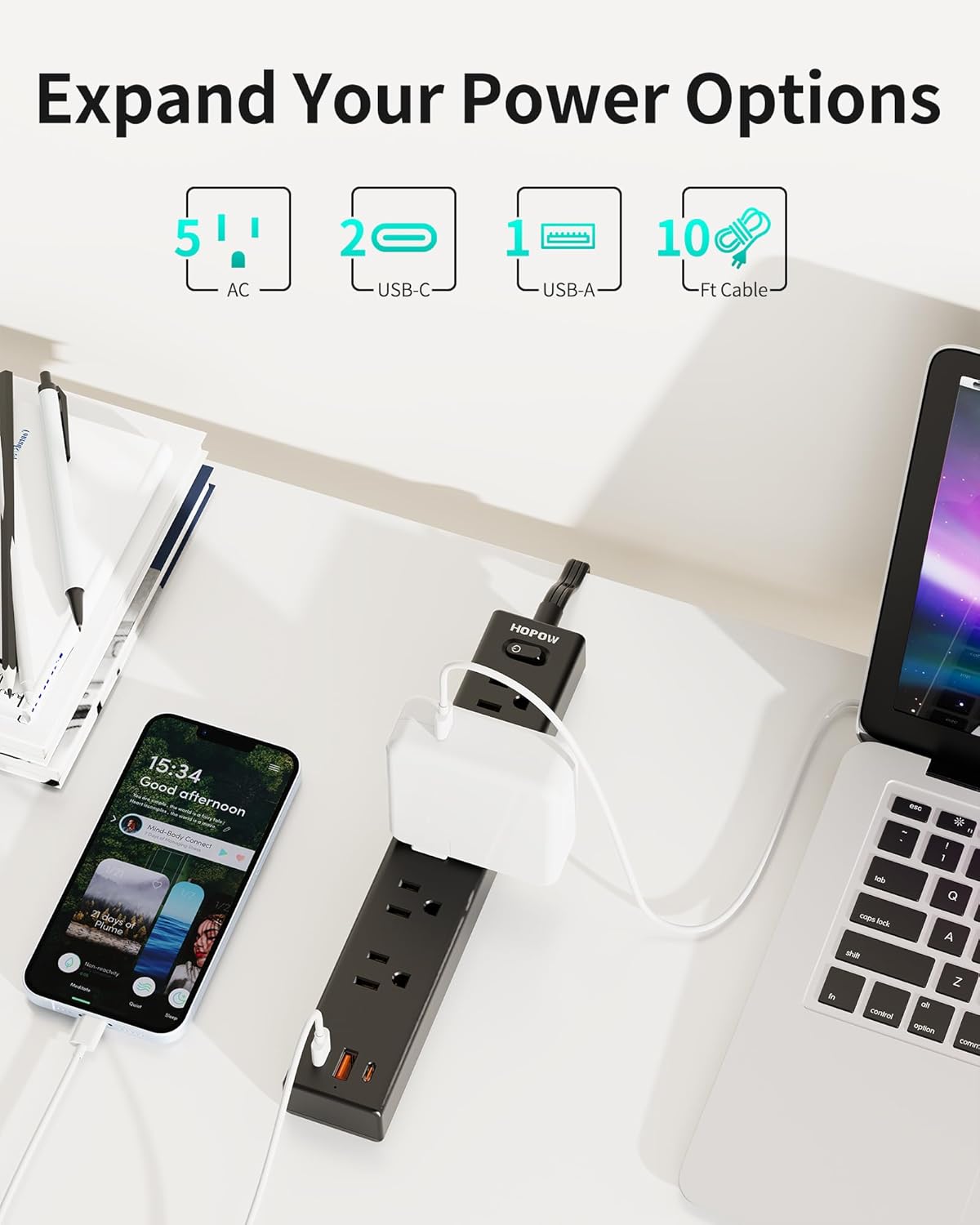 Power Strip Surge Protector, 10 Ft Ultra Flat Extension Cord, Surge Protector with 5 Outlets & 3 USB Ports (2 USB C), 1700 Joules, Wall Mount, Desktop Charging Station for Home Office, Black