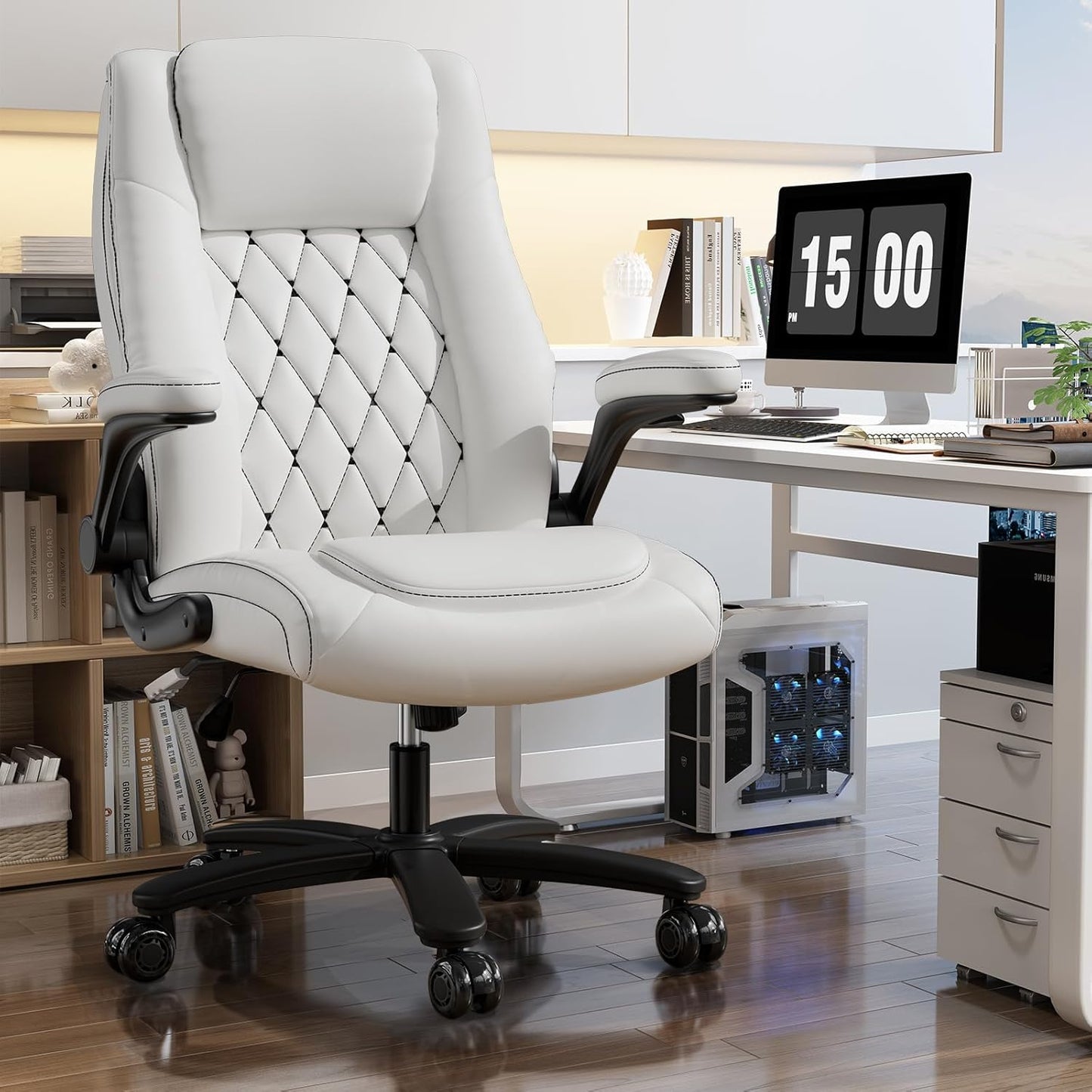 GYI O205P High Back Executive Office Chair, Big and Tall Office Chair 400LBS with Rubber Wheels,Ergonomic Adjustable Computer Desk Chairs with Padded Flip-up Armrests,Lumbar Support (White)
