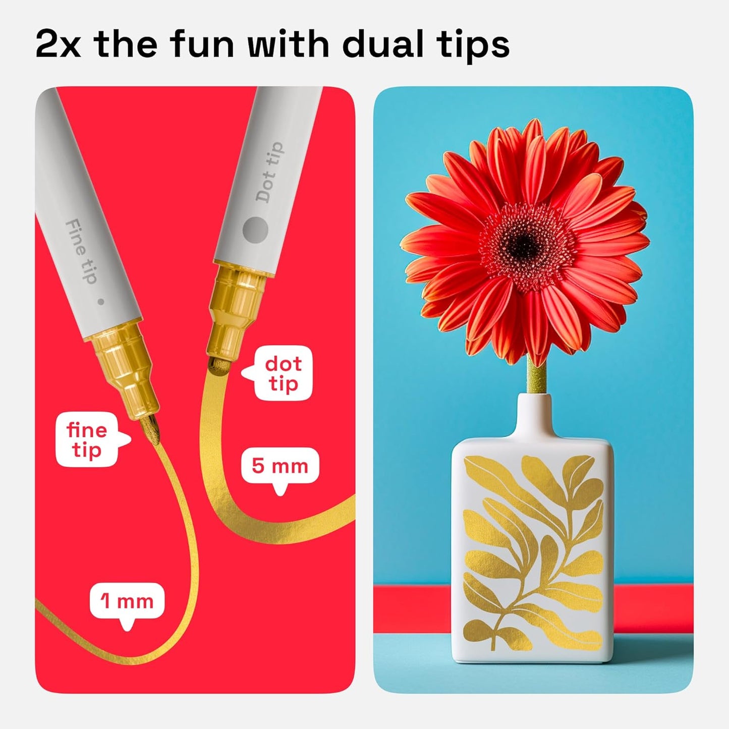 ARTISTRO 2 Gold Dual-Tip Acrylic Paint Pens - Multisurface Markers for Fabric, Plastic, & More, 5mm Dot + 1mm Fine Tips