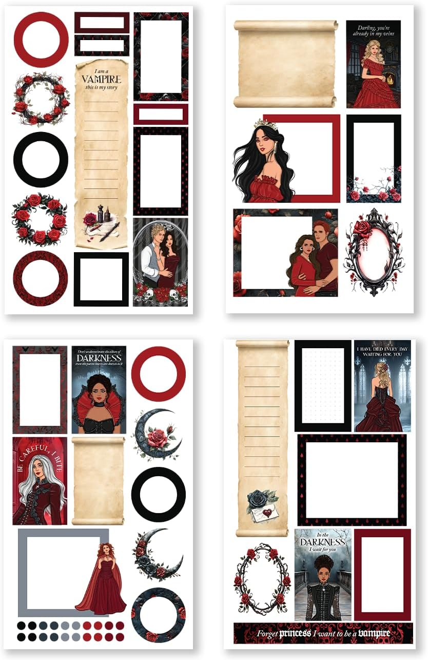 Rongrong Dark Hearts Halloween Planner Sticker Book – 24 Pages of Gothic, Vampire-Inspired Stickers – Perfect for Journals, Scrapbooks, Dark Academia & Spooky October Planner Spreads