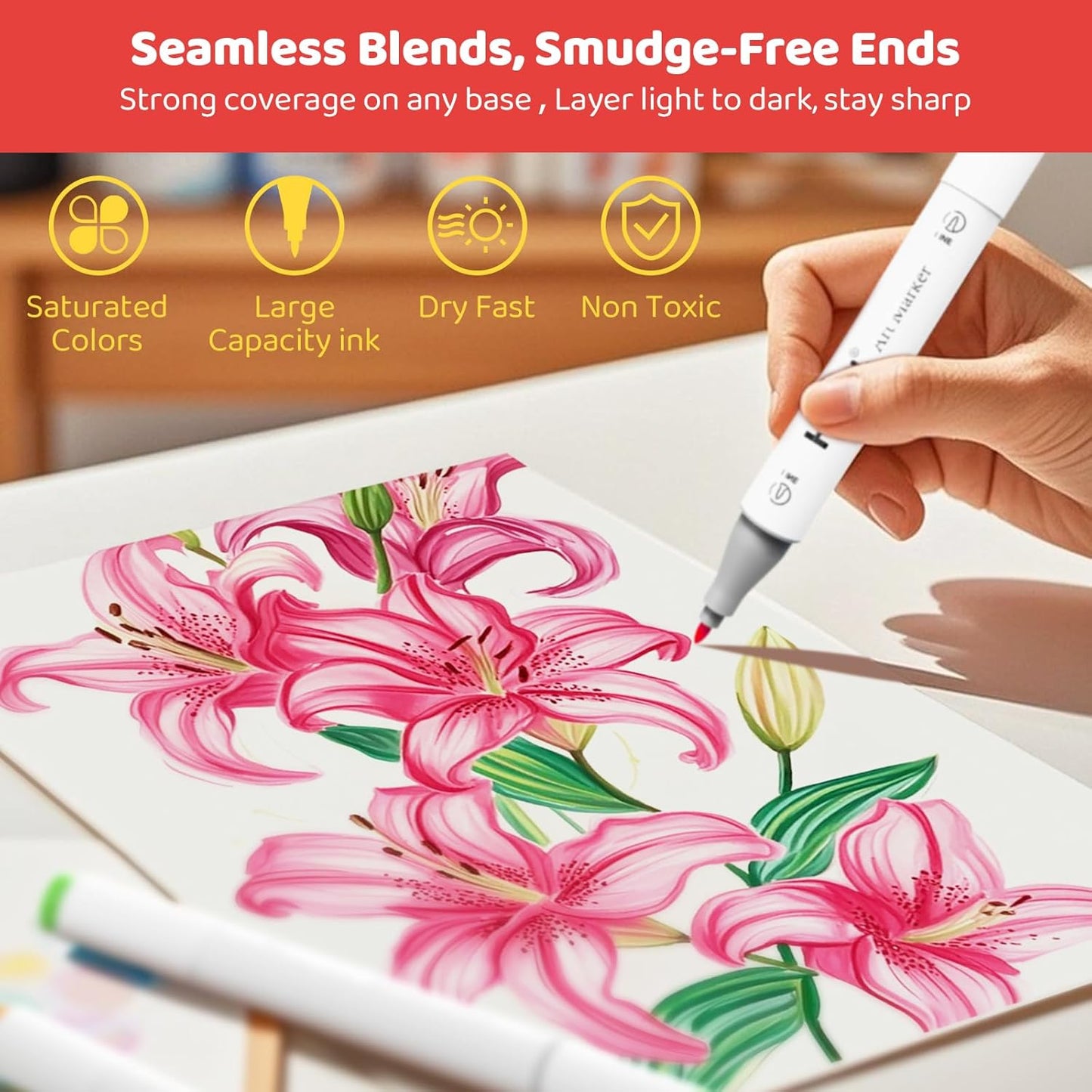 Alcohol Markers, 100 Colors Dual Tips, Coloring Art Marker Set for Adults Kids, Alcohol Based Markers for Permanent, Sketching, Drawing with Non-Blending Pad(Chisel & Fine)