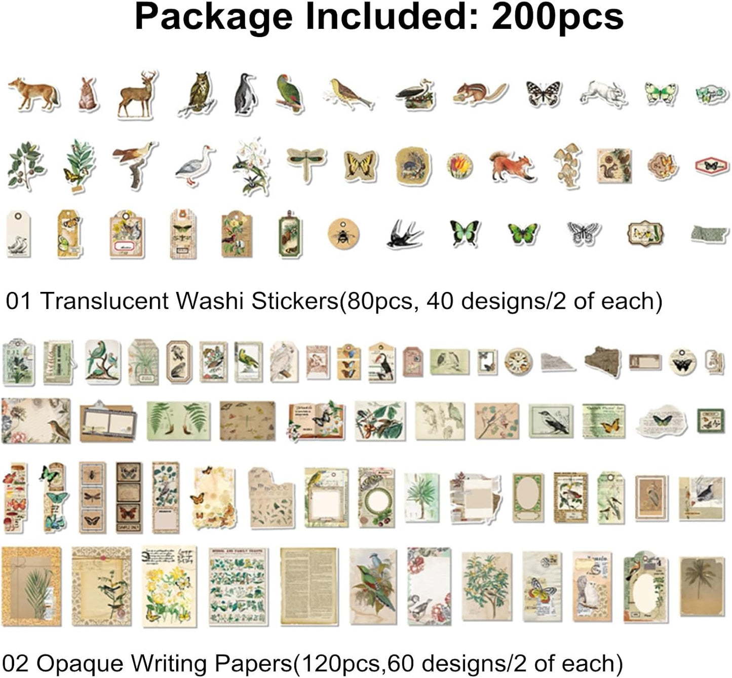 200PCS Vintage Scrapbooking Supplies Pack, Aesthetic Scrapbook Sticker Paper Art Journaling Kit for Bullet Junk Journals,Planner,Cottagecore Decor Gifts (Animal)