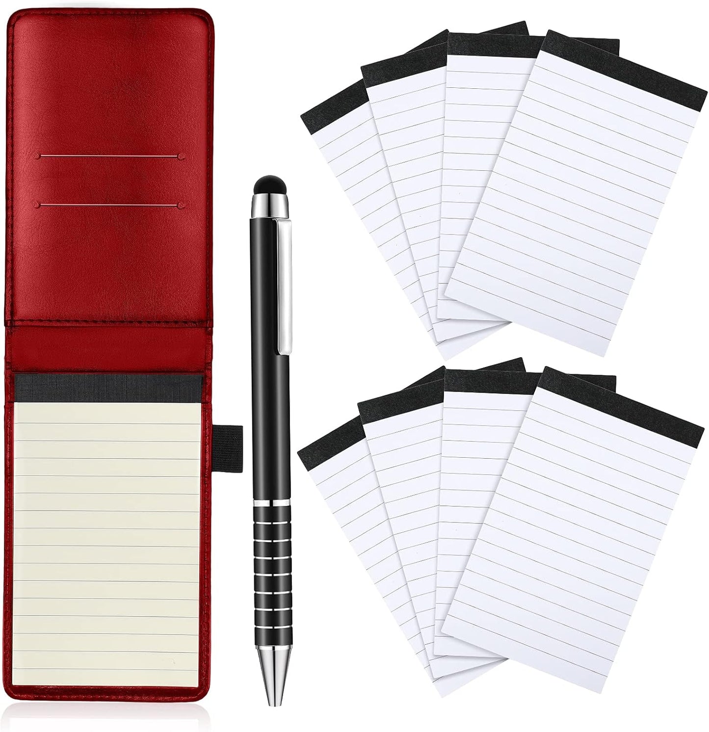Outus 10 Pcs Pocket Notebook with Pen Set Included Mini Pocket Notepad Holder with 50 Lined Sheets, Metal Pen, 8 Pcs 3 x 5 Inch Memo Book Refills, 30 Lined Paper Per Note Pad (Red)
