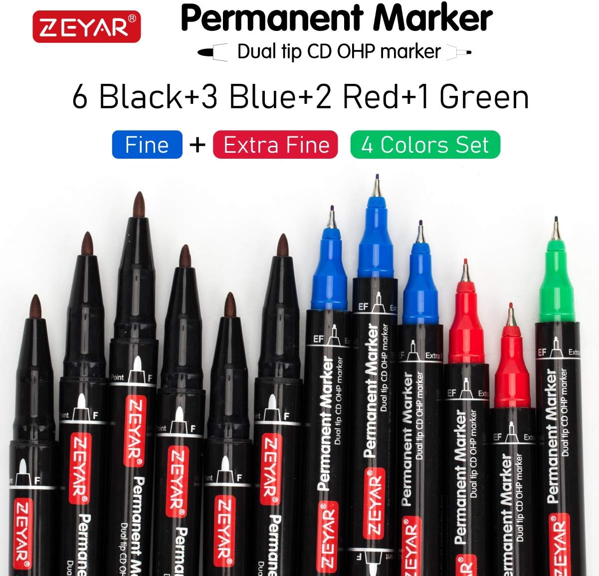 ZEYAR Twin Tip Permanent Markers, CD/DVD Markers, 4 Color, Ultra Fine Point and Fine Point for Signature and Marking (4 Colors, 12 Pack)