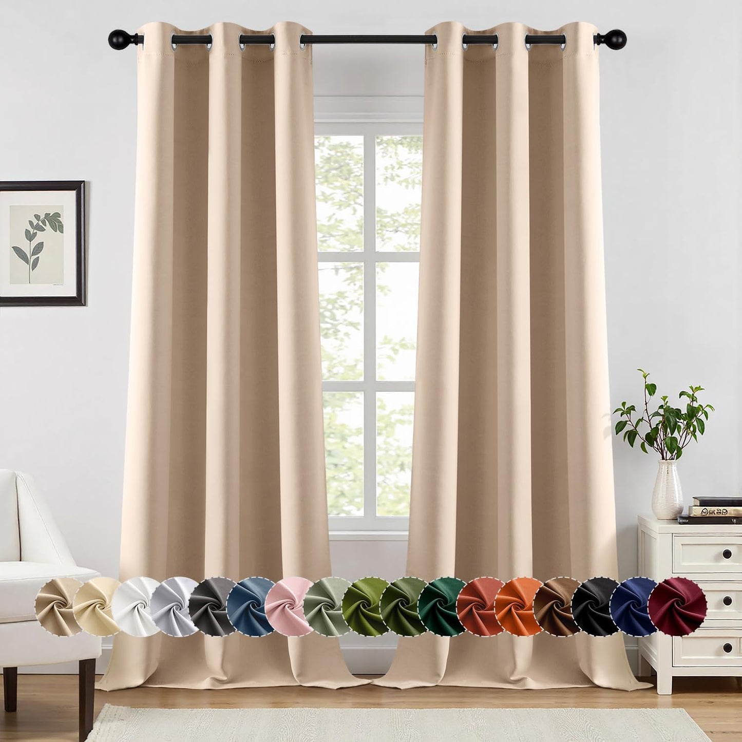 MIULEE Beige Blackout Curtains for Bedroom Living Room 90 Inches Long 2 Panels, Thermal Insulated Room Darkening Drapes Solid Grommet Top Noise Reduction Light Blocking Window Treatments 40x90 Inch