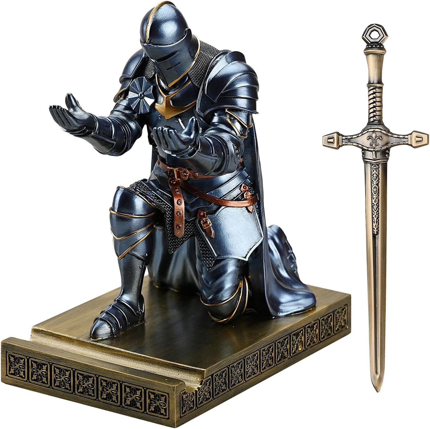 Medieval Armored Warrior Wearing Outerwear, Mobile Phone Stand Knight Pen Holder Desk Organizers, Resin Bookends Paperweight with a Letter Opener for Desk (Blue)