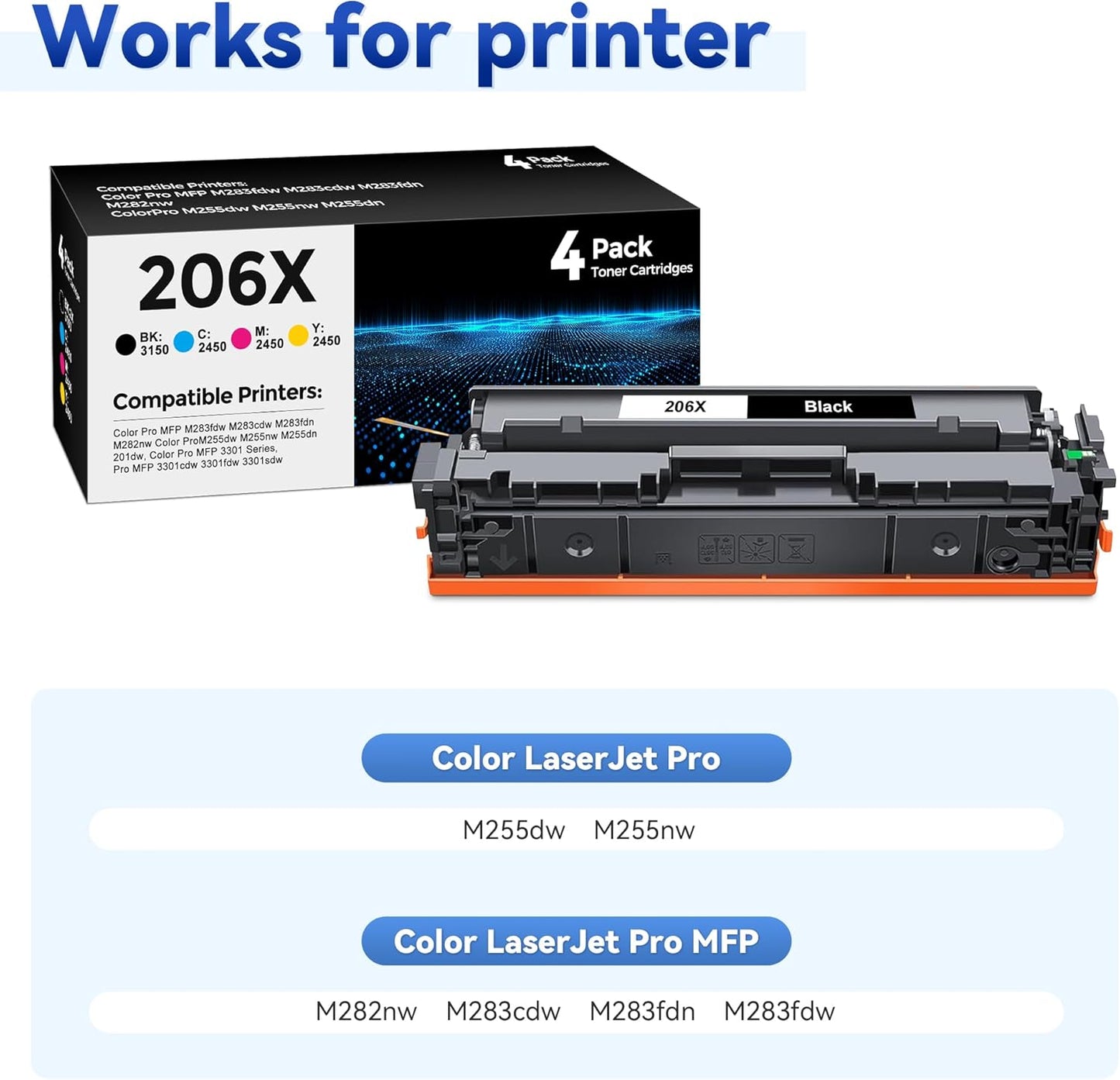 206X High Yield Toner Cartridge 4Pack Compatible with HP 206X 206A Toner Set for HP Color Laserjet Pro M255dw M255nw MFP M283fdw M283cdw M282nw M283fdn Ink（Black/Cyan/Yellow/Magenta