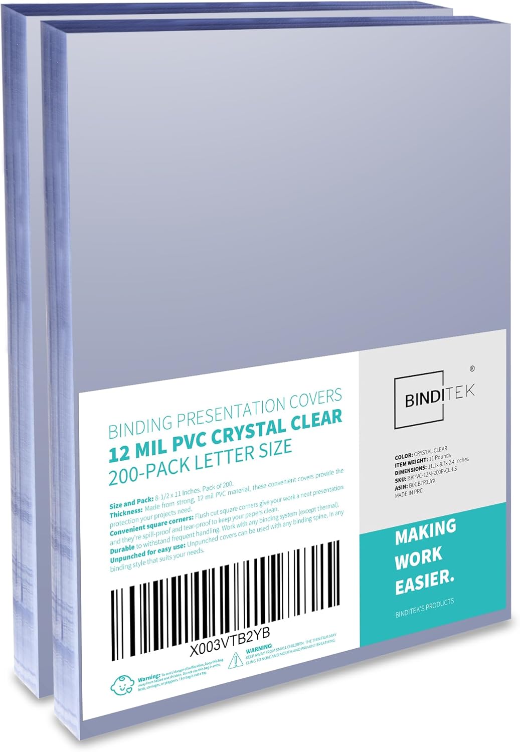 Binditek 200 Pack 12 Mil PVC Binding Report Covers, 8.5 x 11 Inches, Letter Size, Square Corners, Un-Punched, Office Supplies
