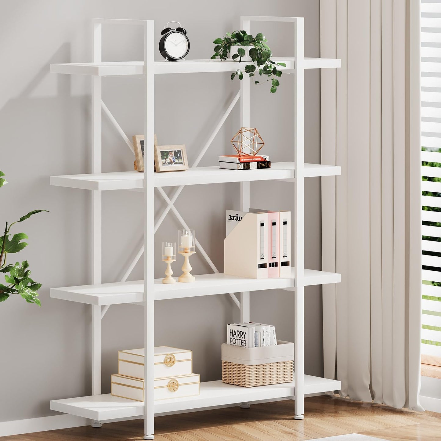HSH 4 Tier White Bookshelf, Modern 4 Shelf Etagere Bookcase, Industrial Wood and Metal Storage Shelves and Display Book Rack, Farmhouse Open Wide Book Shelf for Bedroom Living Room Office, White Oak