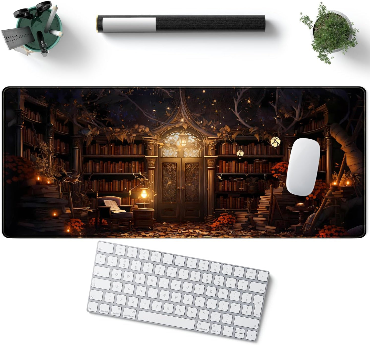 Vintage Desk Pad Magical Bookshelf Desk Mat Extra Large Big Office Mouse Pad Gaming with Stitched Edges Large Mousepad Home Office Gaming Work Computers Laptop Desk Accessories 31.5x11.8in
