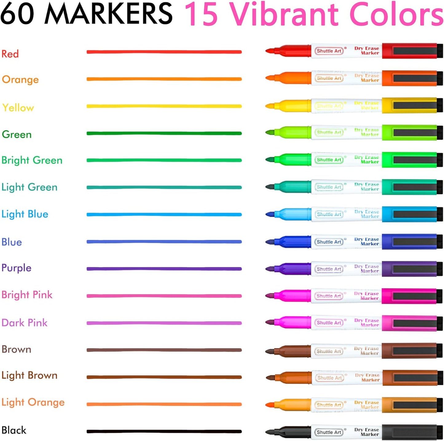Dry Erase Markers, Shuttle Art 60 Bulk Pack 15 Colors Magnetic Whiteboard Markers with Erase, Fine Point Dry Erase Markers Perfect for Writing on Whiteboards, Glass, Mirror for School Office Home