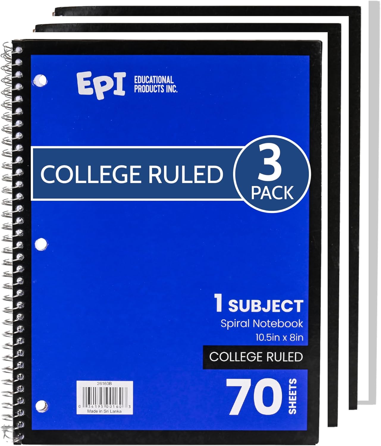EPI Spiral Notebook | 1 Subject - College Ruled - 70 Sheets, Durable Spiral Binding | 10.5 x 8 in | Classroom Supplies | School, Office, Note Taking, Journaling - 3 Pack