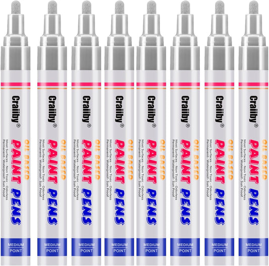 Silver Paint Markers, 8 Pack Oil-Based Waterproof Quick Dry Permanent Paint Pen Set for Rocks Painting, Wood, Fabric, Plastic, Canvas, Glass, Mugs, Metal, Tire, Stone, DIY Craft, Grey, Gray